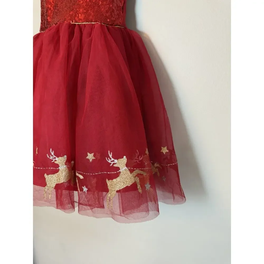 Zunie Red Christmas Sequins Reindeer Dress Tulle Girls Sz 5 NWT $74